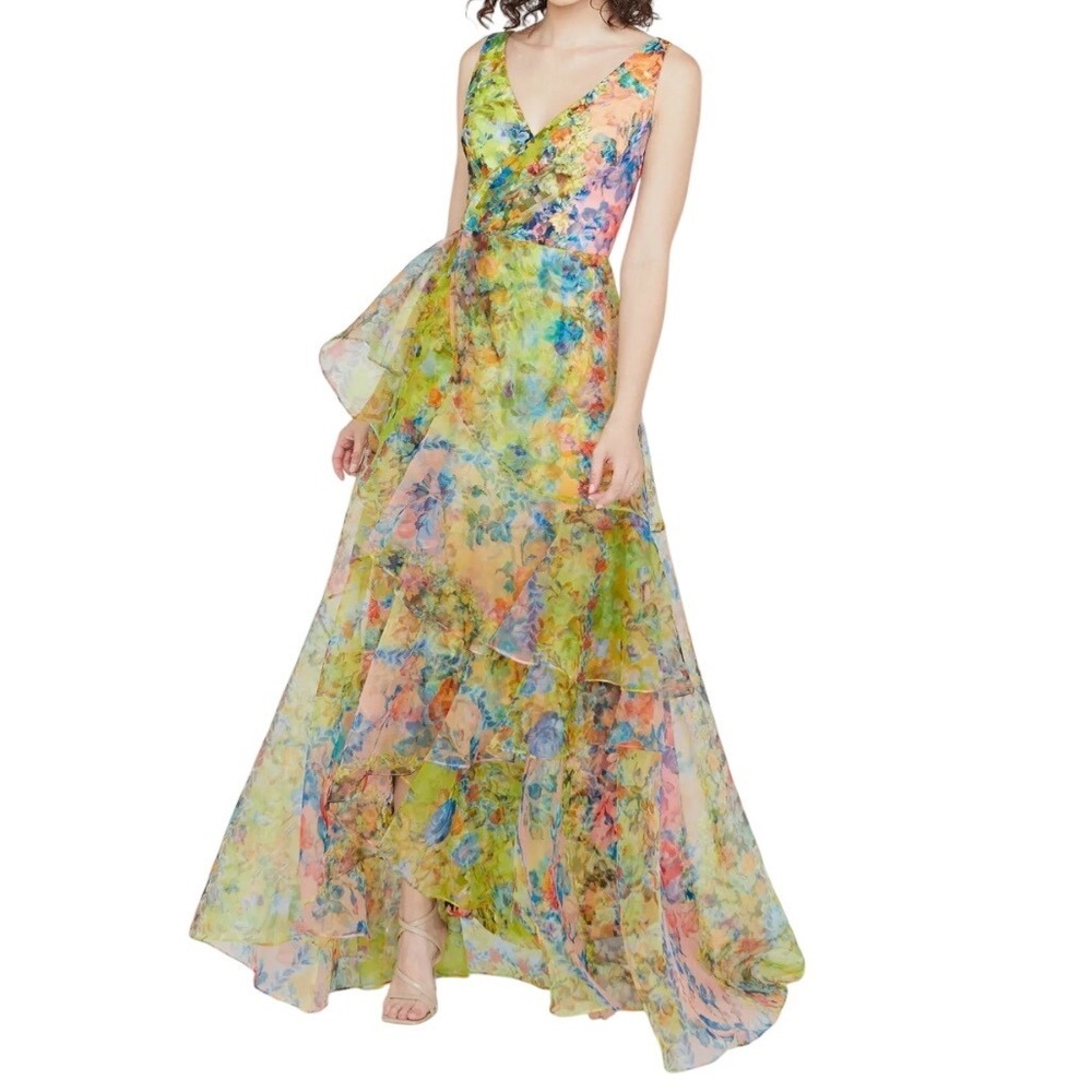 Theia Mindy Watercolor Floral Organza Ruffle Gown Size 4 NWOT